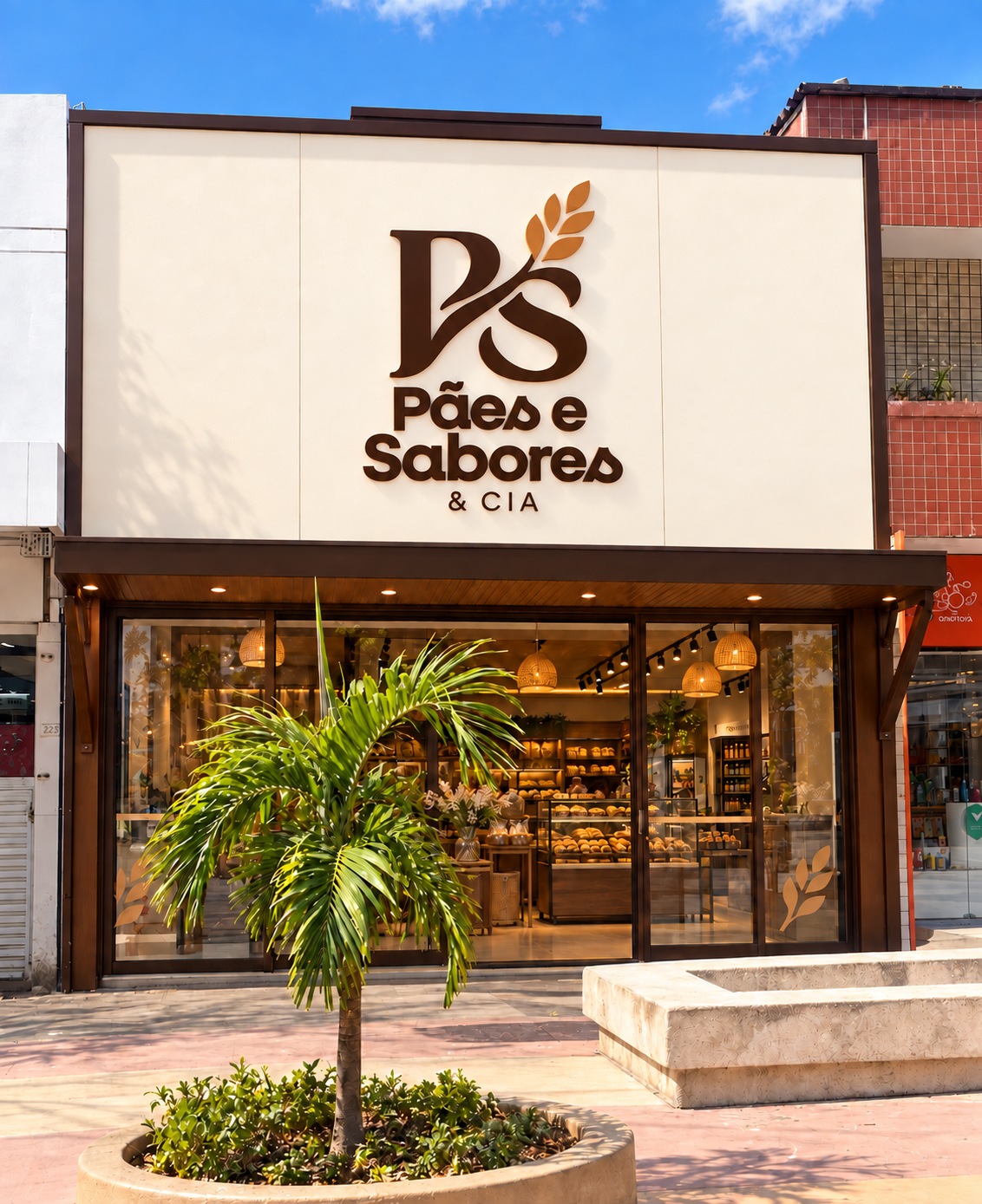 Proposta de fachada com a nova marca Pães e Sabores