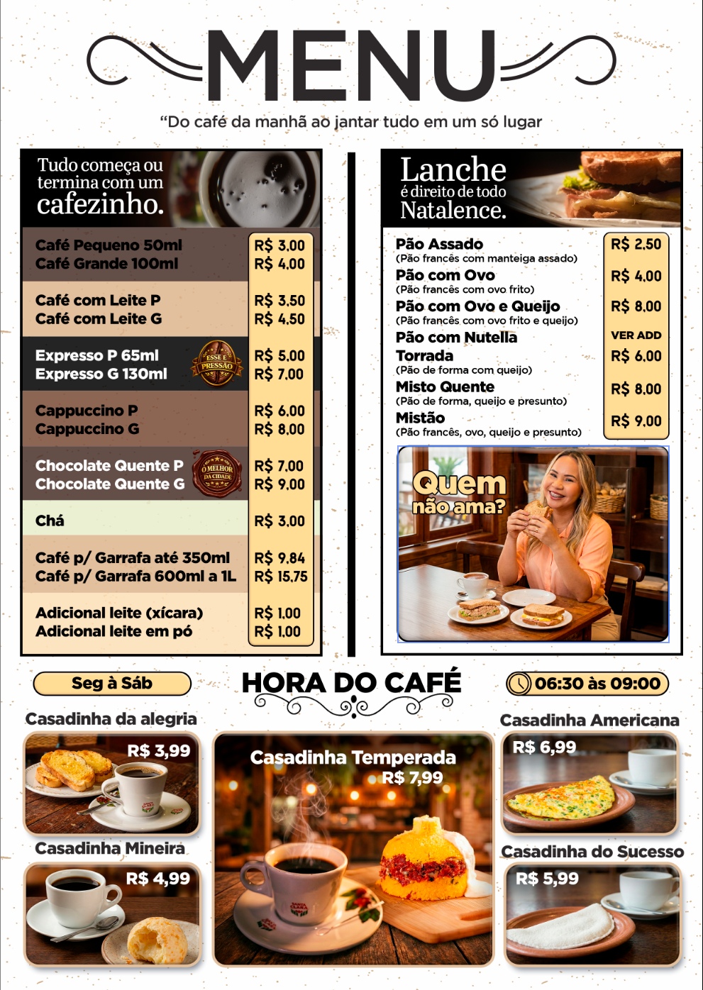 Página de cafés e lanches no mockup do cardápio